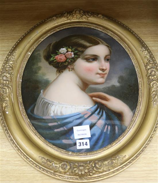 A 19th century reverse glass painting of a portrait of a young woman, gilt framed to the oval 41 x 32cm